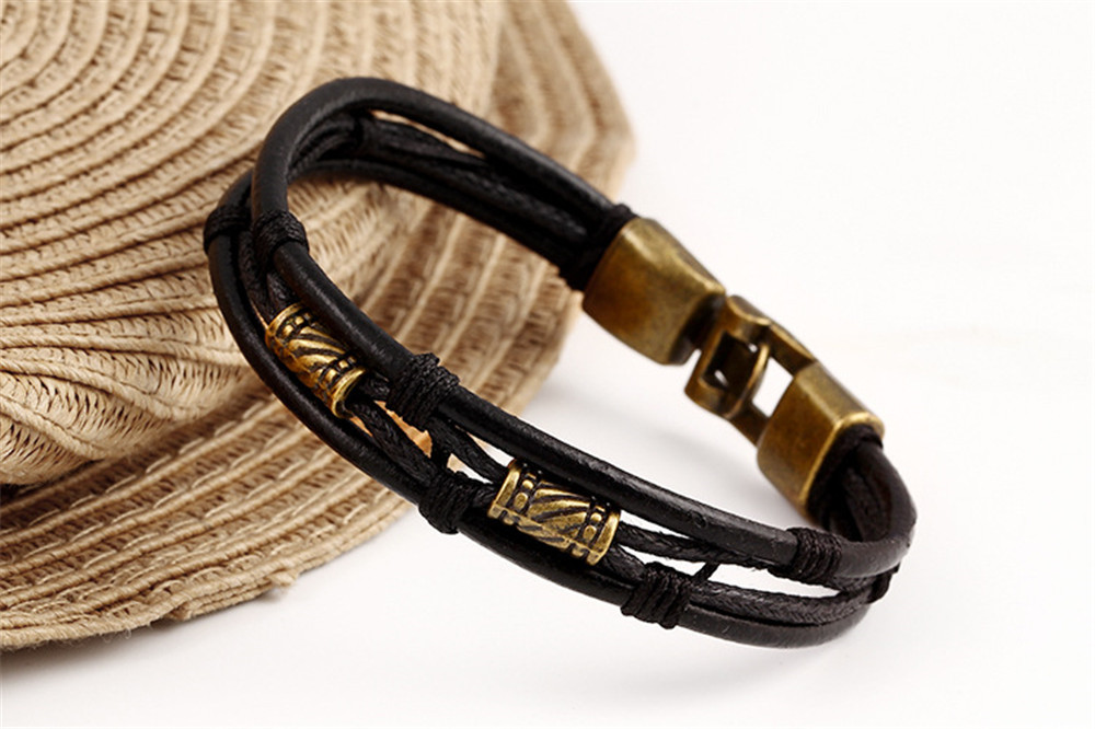 Fashion Multi-Layer High Quality Leather Man Bracelets Alloy Hook Link Chain Men Jewelry