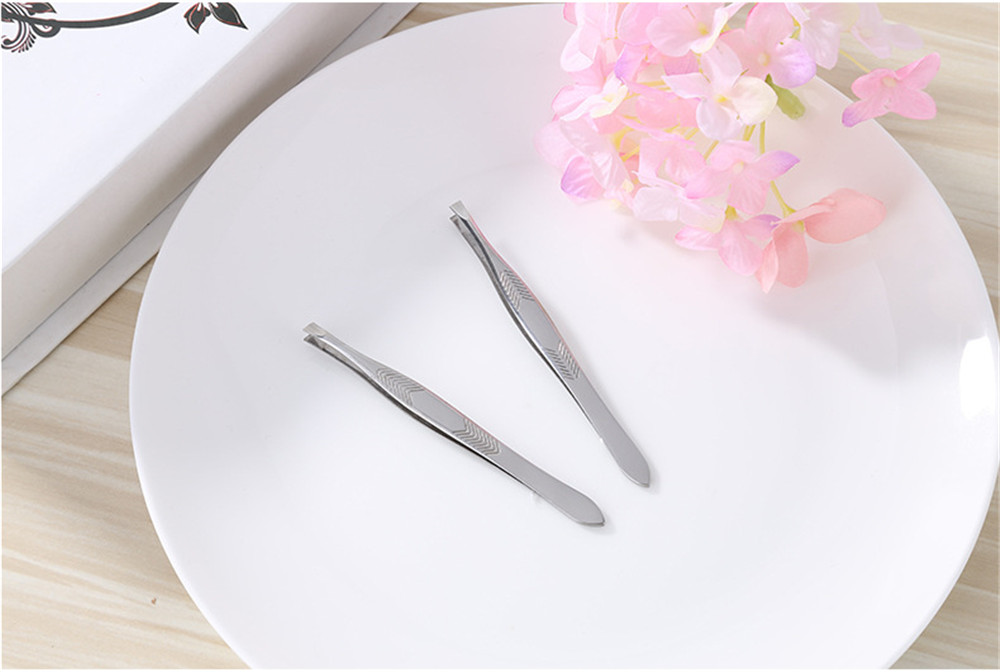 2pcs Stainless Steel Eyebrow Tweezers Slanted Edge &amp; Flat Clip Hair Remover Tweezer  Makeup Tools