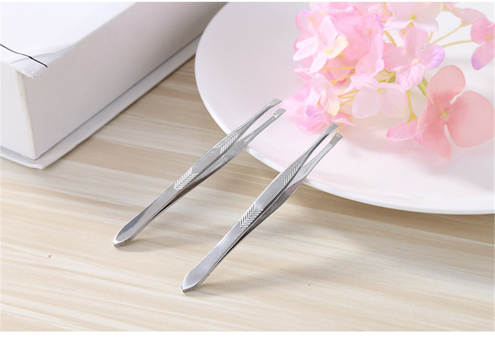 2pcs Stainless Steel Eyebrow Tweezers Slanted Edge &amp; Flat Clip Hair Remover Tweezer  Makeup Tools