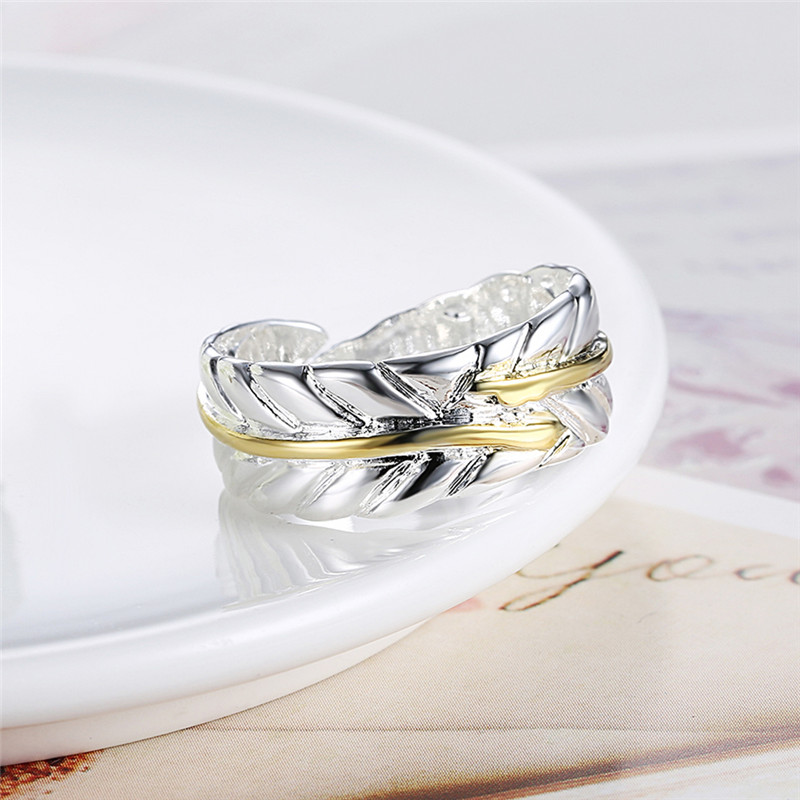 Silver Plated Ring Fashion Color Separation Feather Jewelry Ring Women Finger Rings