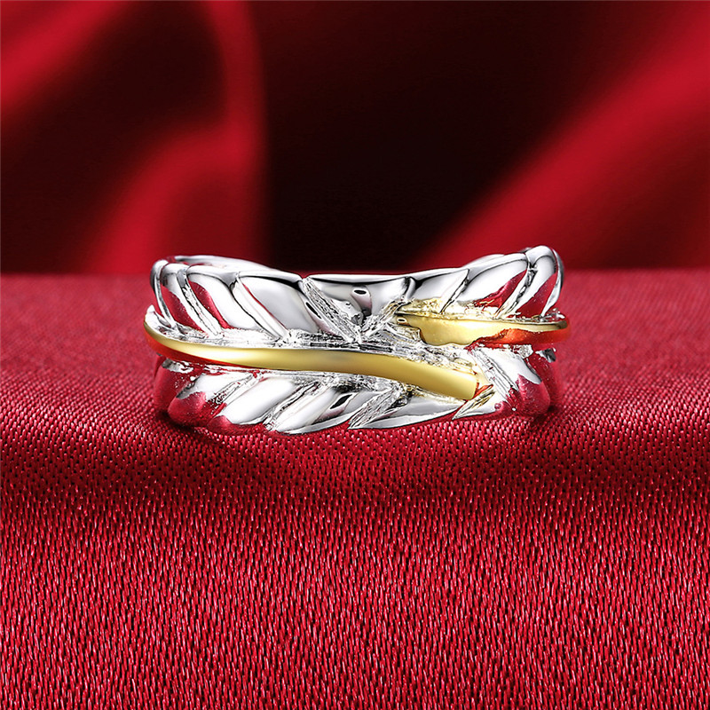 Silver Plated Ring Fashion Color Separation Feather Jewelry Ring Women Finger Rings