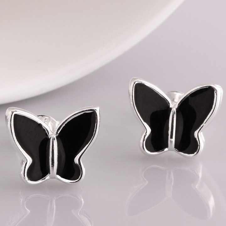 Silver Plated Jewelry Delicate Butterfly Shape Earrings Sweet Black Paint for Women