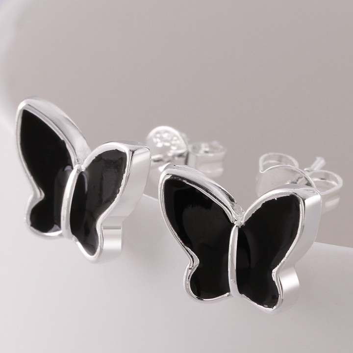 Silver Plated Jewelry Delicate Butterfly Shape Earrings Sweet Black Paint for Women