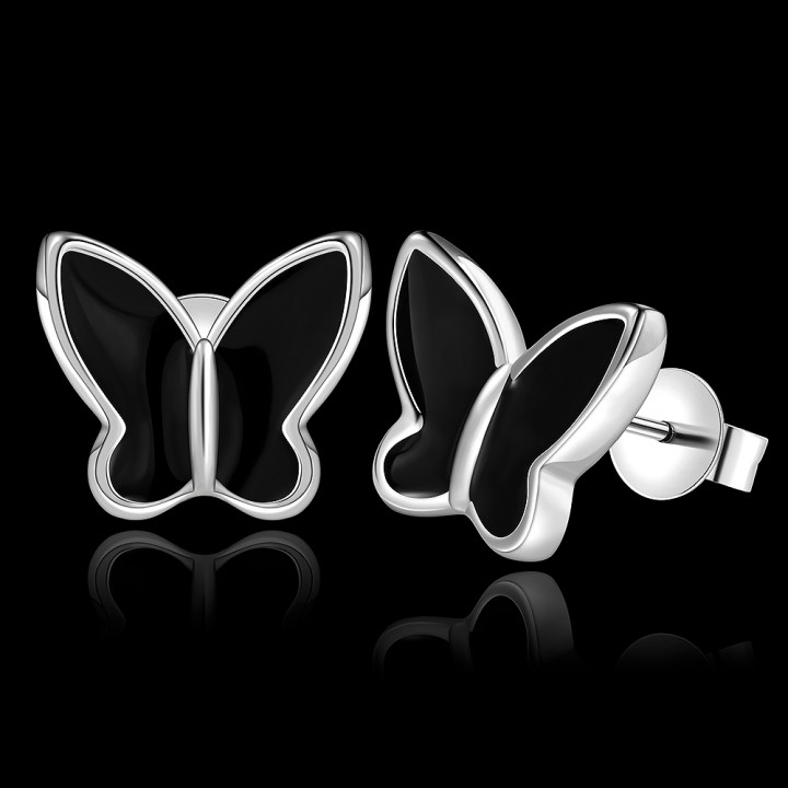 Silver Plated Jewelry Delicate Butterfly Shape Earrings Sweet Black Paint for Women