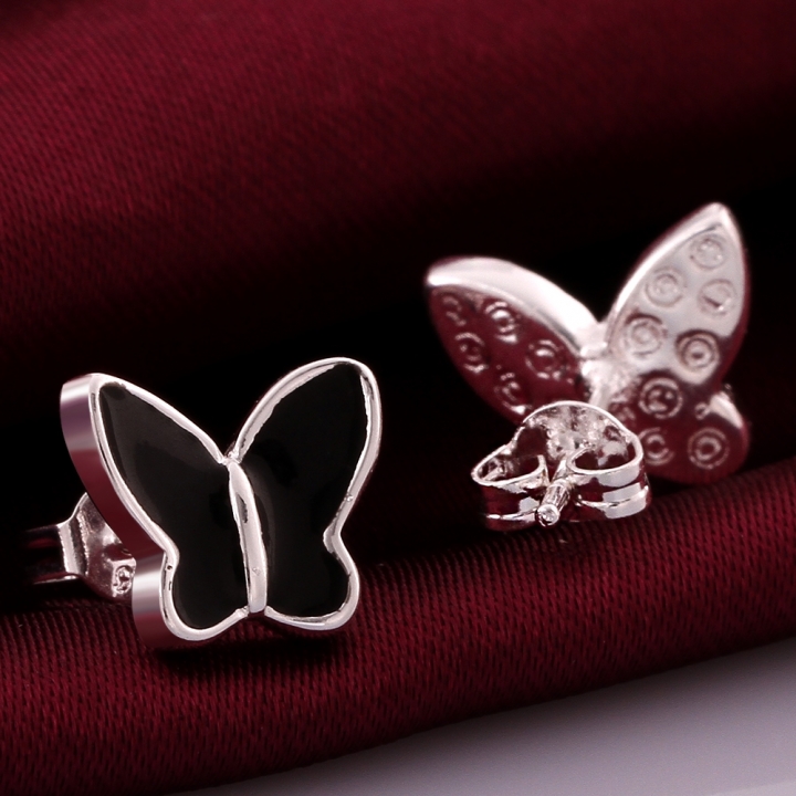 Silver Plated Jewelry Delicate Butterfly Shape Earrings Sweet Black Paint for Women