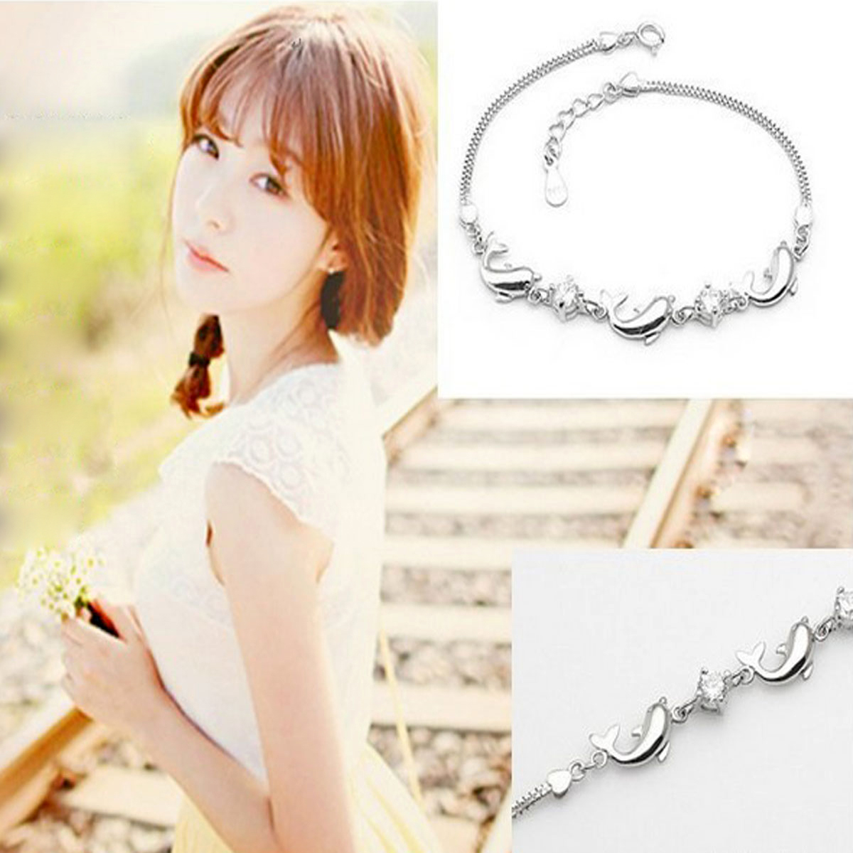 2017 Chic Design Silver Color Strass Bracelets for Women Natural Crystal Dolphin Chains Bracelets