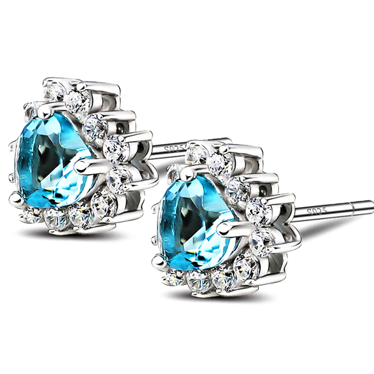 S925 Silver Stud Earrings Fashion for Women Blue Heart Rhinestone Cystal