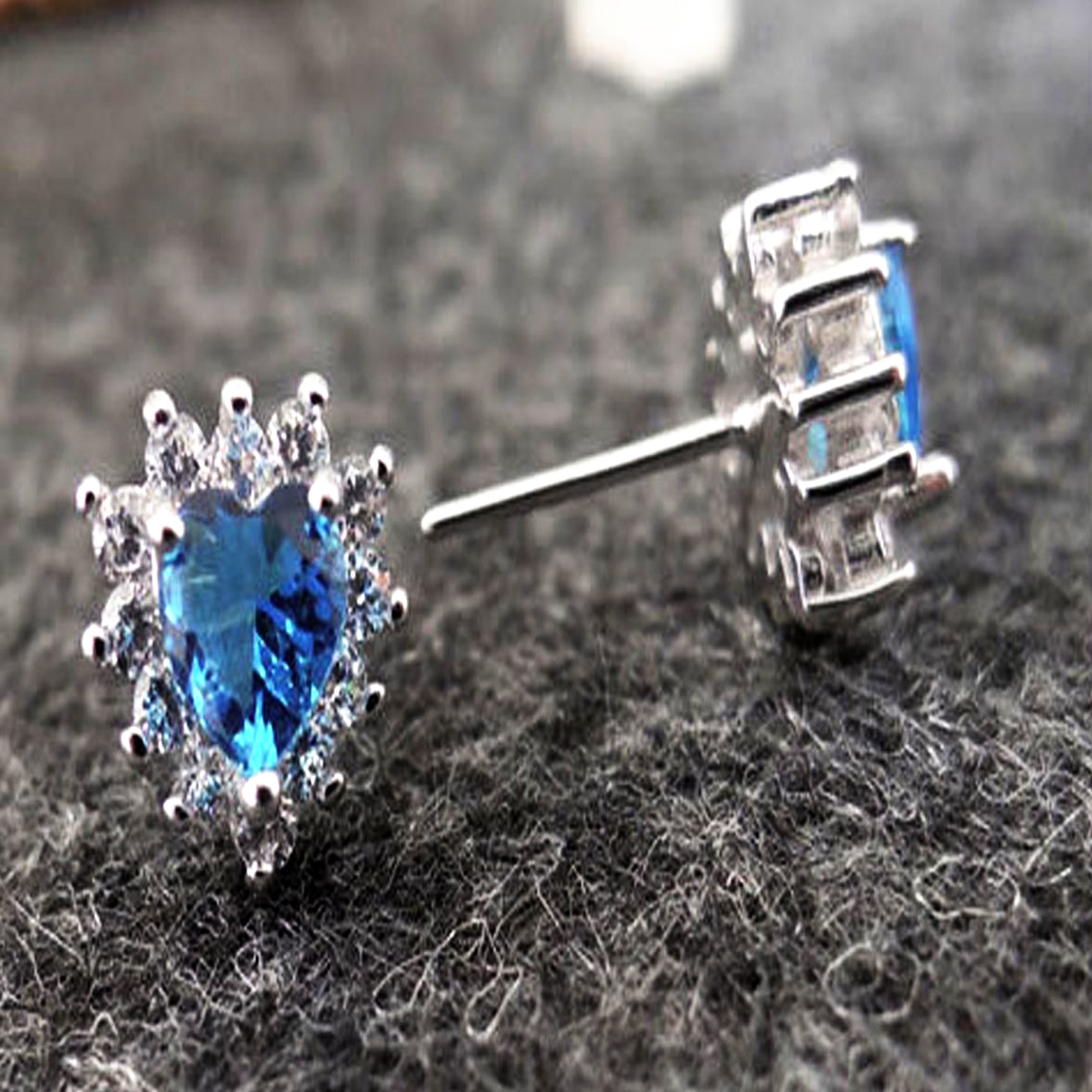 S925 Silver Stud Earrings Fashion for Women Blue Heart Rhinestone Cystal