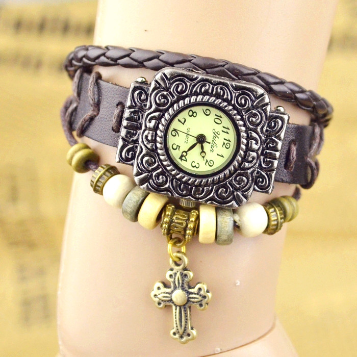 Retro ' Watch Cowhide Bracelet  Square head carving Flower head fashion Retro Watch