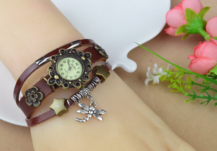 Western style Beautiful Ms Genuine Leather Retro Watch  Dragonfly pendant Bracelet