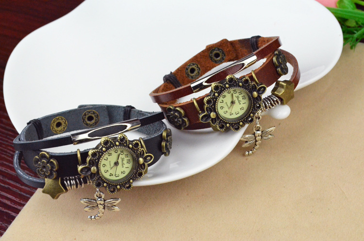 Western style Beautiful Ms Genuine Leather Retro Watch  Dragonfly pendant Bracelet
