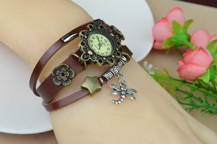 Western style Beautiful Ms Genuine Leather Retro Watch  Dragonfly pendant Bracelet