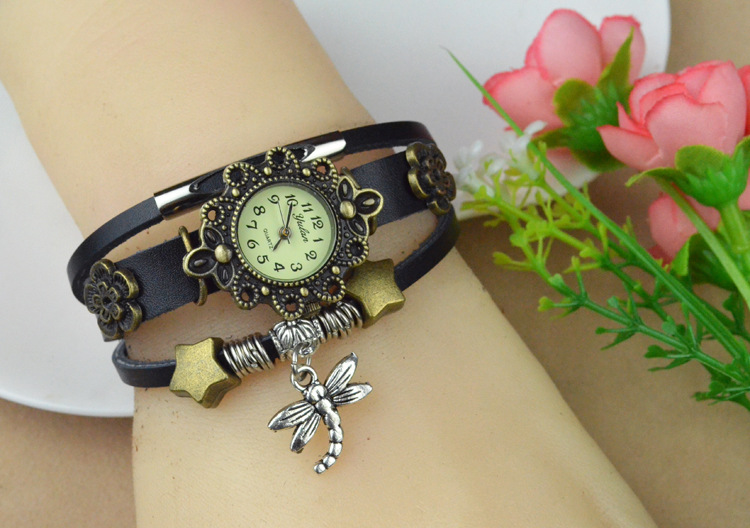 Western style Beautiful Ms Genuine Leather Retro Watch  Dragonfly pendant Bracelet