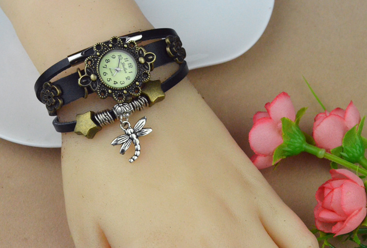 Western style Beautiful Ms Genuine Leather Retro Watch  Dragonfly pendant Bracelet
