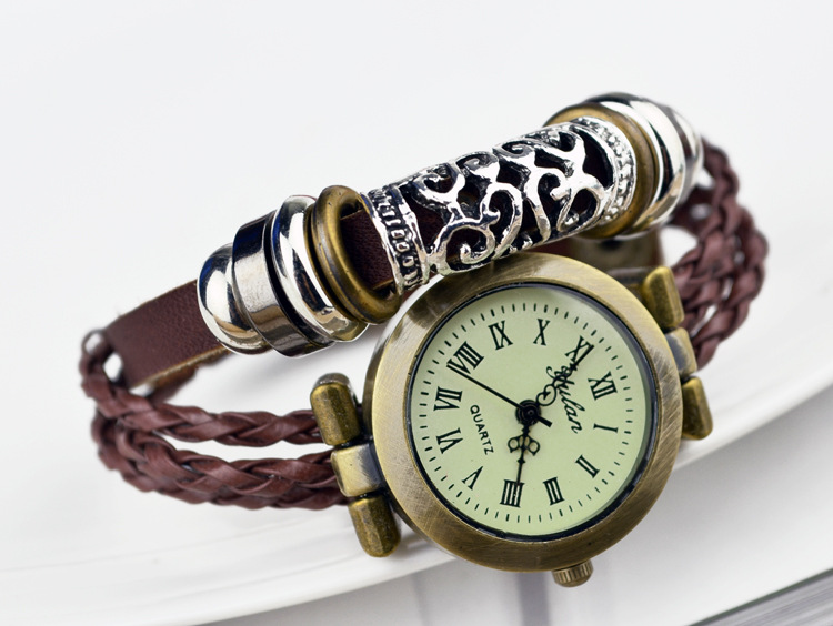 Western style popular Retro Watch   folk-custom manual Beaded Creative Fashion Cowhide Bracelet