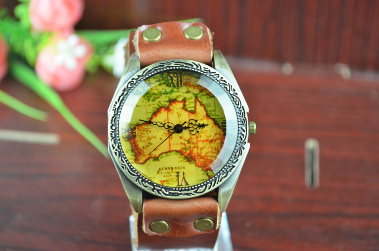 Western style Watch Genuine Leather Retro map Watch  men and women fashion Watch