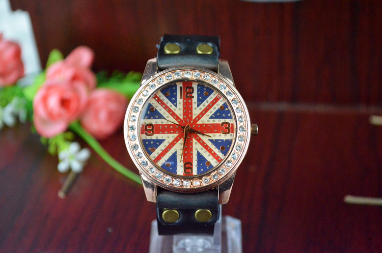 Fashion table Leisure Genuine Leather Drill table Retro Watch  England Rice word Flag Watch