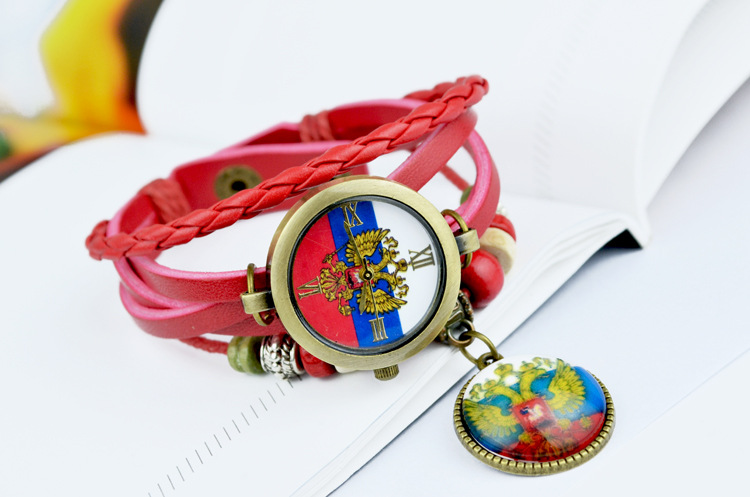 Retro imitation leather Weave Bracelet   Couple Watch   Russia national emblem gift Watch