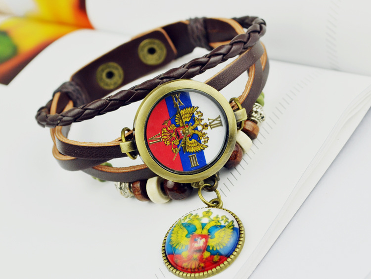Retro imitation leather Weave Bracelet   Couple Watch   Russia national emblem gift Watch