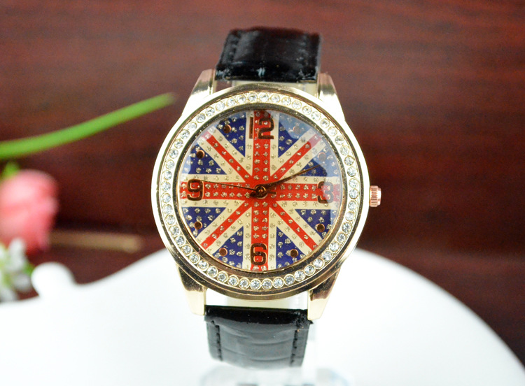Retro trend fashion personality United Kingdom Flag watch With scale Drill table