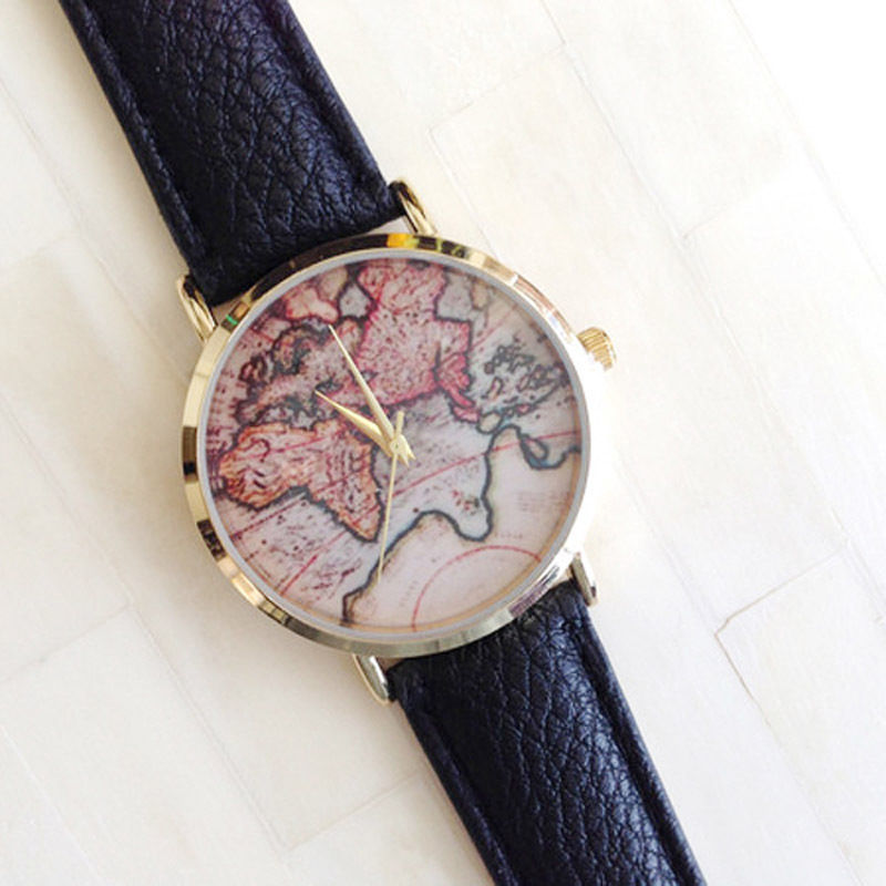 Western Style Retro Watch World Map Watches  Color Earth Belt Ladies