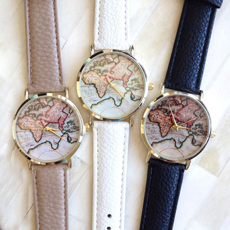 Western Style Retro Watch World Map Watches  Color Earth Belt Ladies