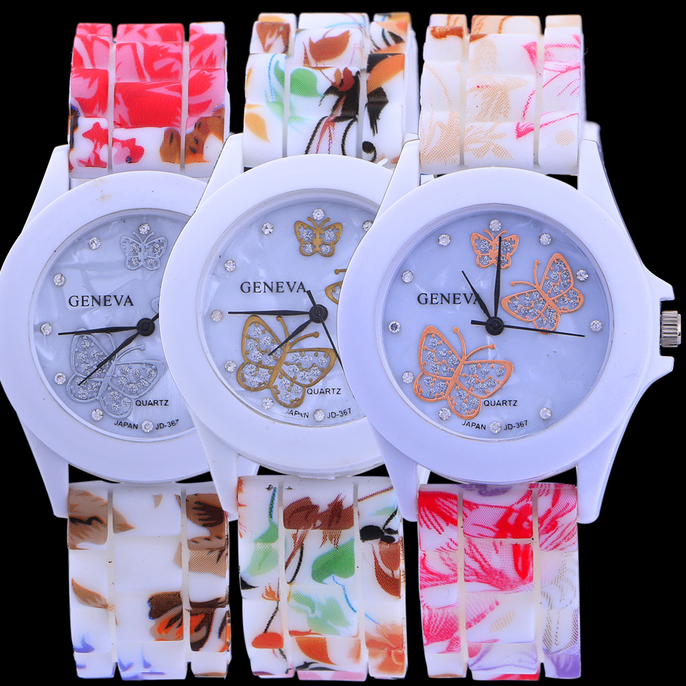 Ms Watch Fashion Diamond Wacth Color Printing Straps Silica Gel Watches