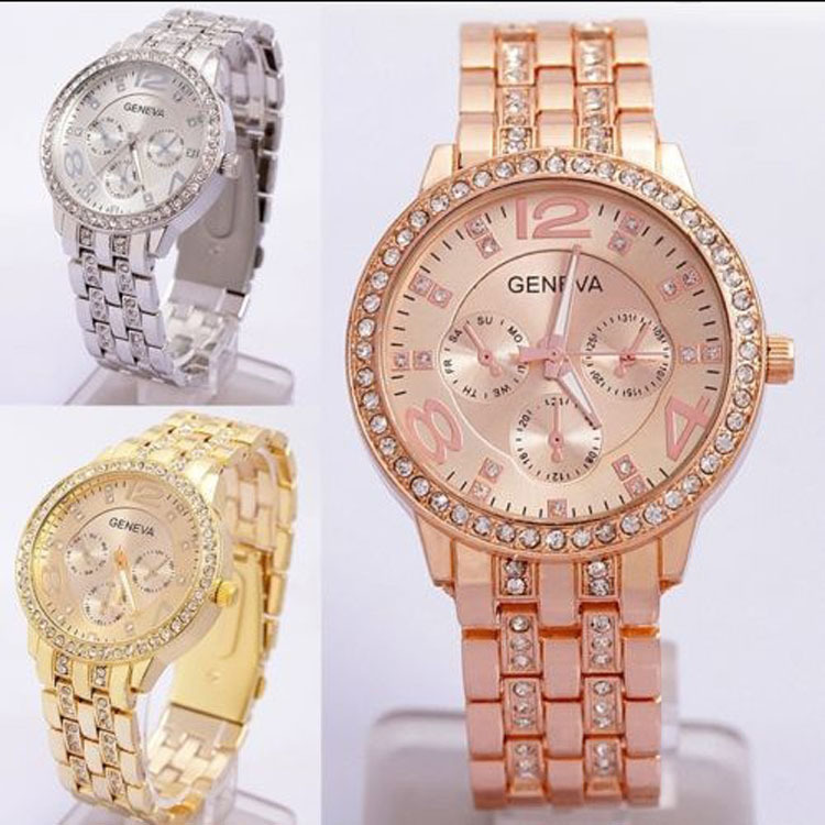 Geneva Double Row Diamond Alloy Steel Strip Watch  Fashion Trend Quartz Watches