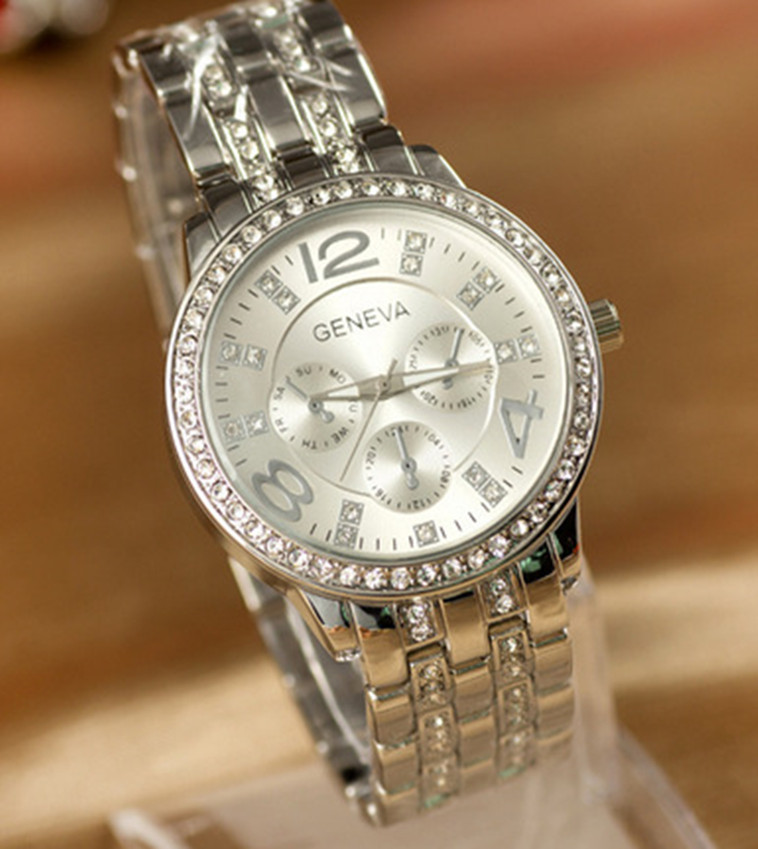 Geneva Double Row Diamond Alloy Steel Strip Watch  Fashion Trend Quartz Watches