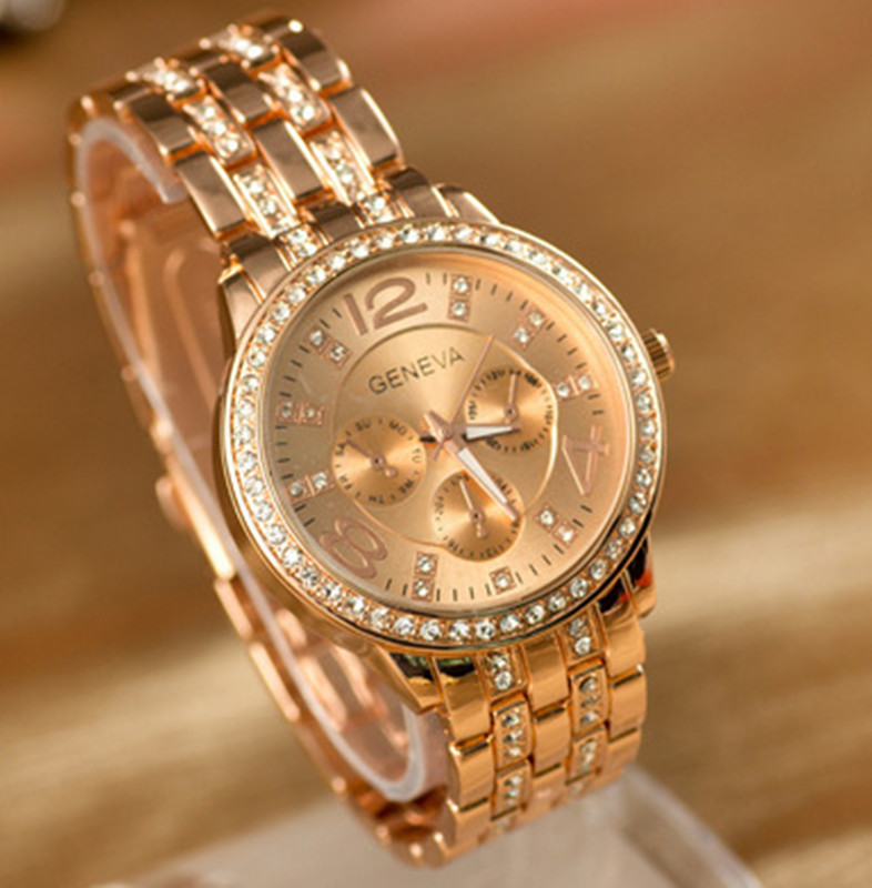 Geneva Double Row Diamond Alloy Steel Strip Watch  Fashion Trend Quartz Watches
