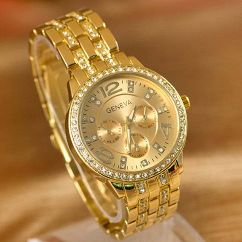 Geneva Double Row Diamond Alloy Steel Strip Watch  Fashion Trend Quartz Watches