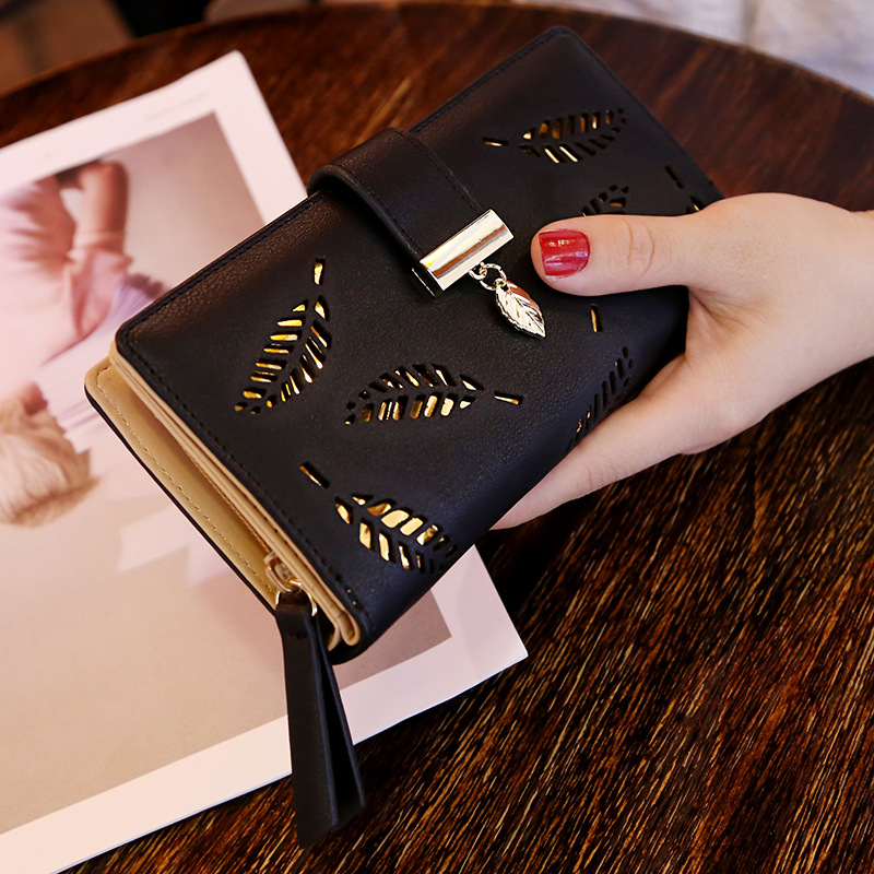 Ms Wallet Long Section Fashion Hand Bag Hollow Leaves Zipper Buckle Wallet Card Pack