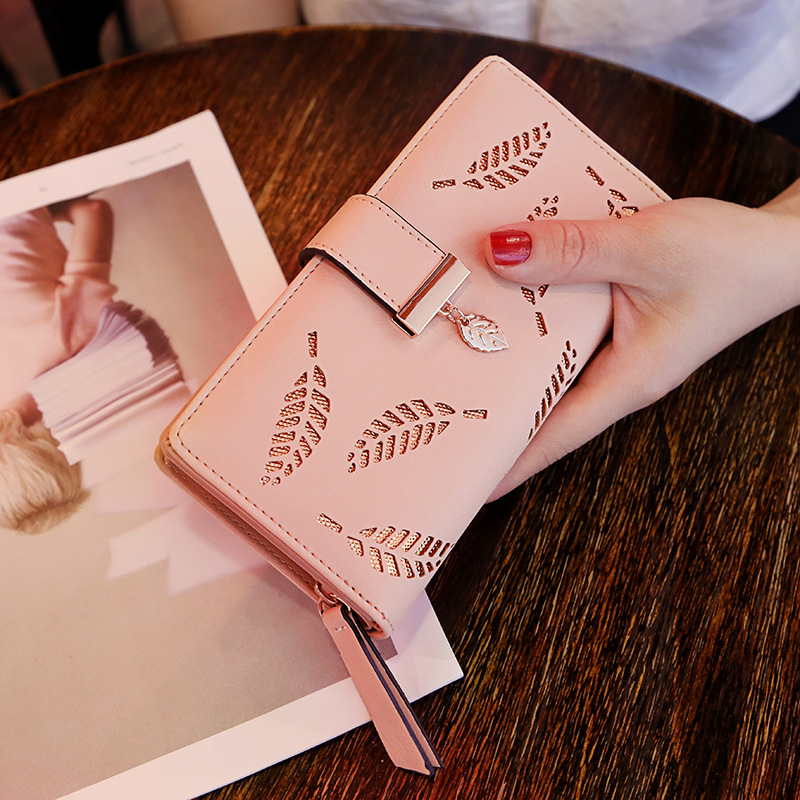 Ms Wallet Long Section Fashion Hand Bag Hollow Leaves Zipper Buckle Wallet Card Pack