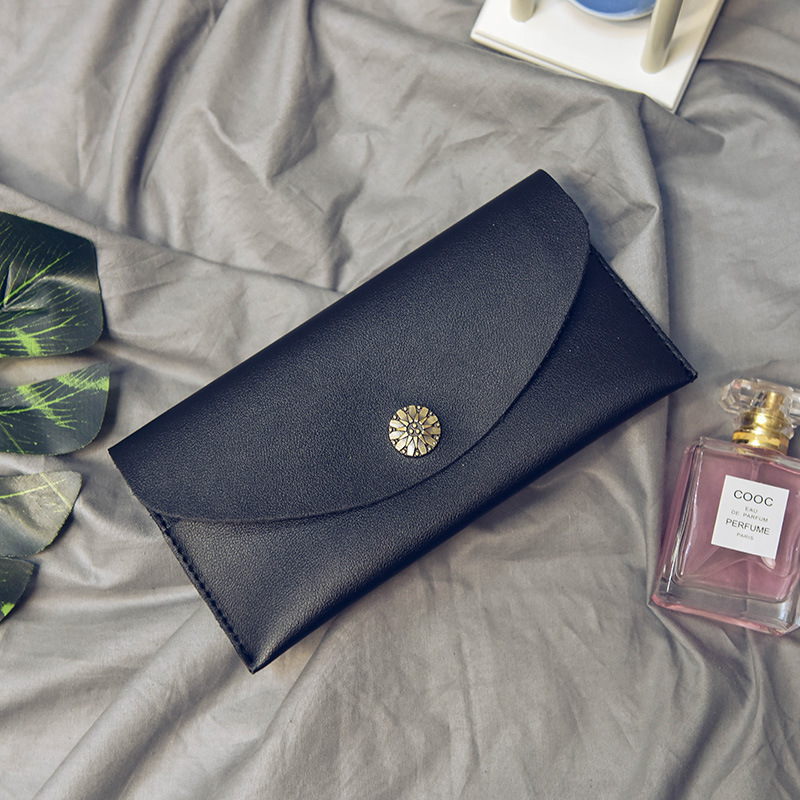 Simple Thin Section Solid Color Soft Cover Buckle Ms Long Section Wallet Retro Flowers Twists Wallet