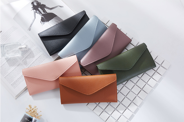 The New Thin Section Buckle 3 Fold Simple PU Wallet Litchi Pattern Envelope Wallet Bag
