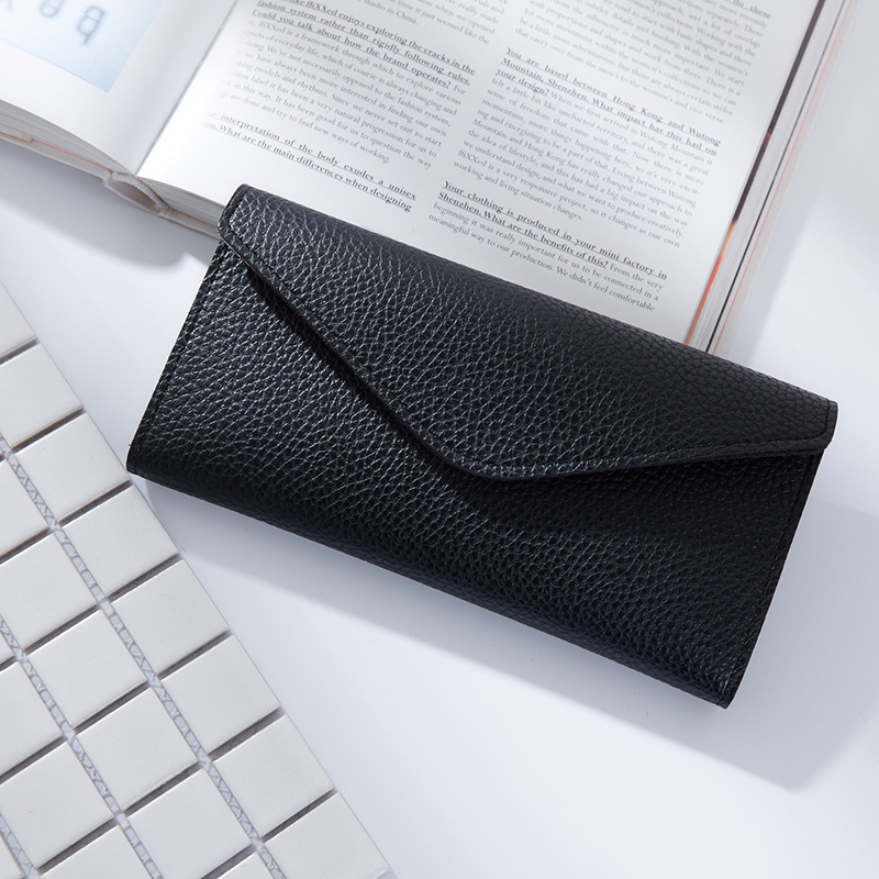 The New Thin Section Buckle 3 Fold Simple PU Wallet Litchi Pattern Envelope Wallet Bag