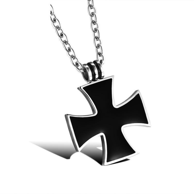 Stainless Steel Oil Droplets Black Cross Army Flowers Pendant Titanium Steel Men Necklace
