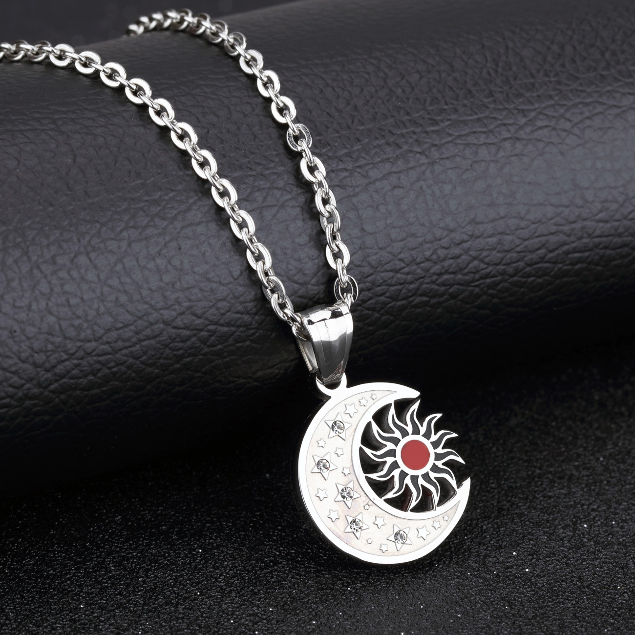 Western Style Retro Sun Moon Diamond Titanium Steel Men Necklace