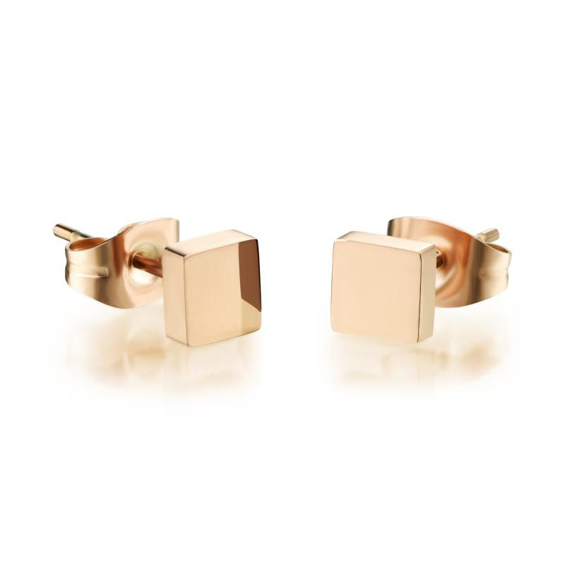 Ms Champagne Gold Titanium Steel Earring girl Smooth Small Cube Simple Earrings