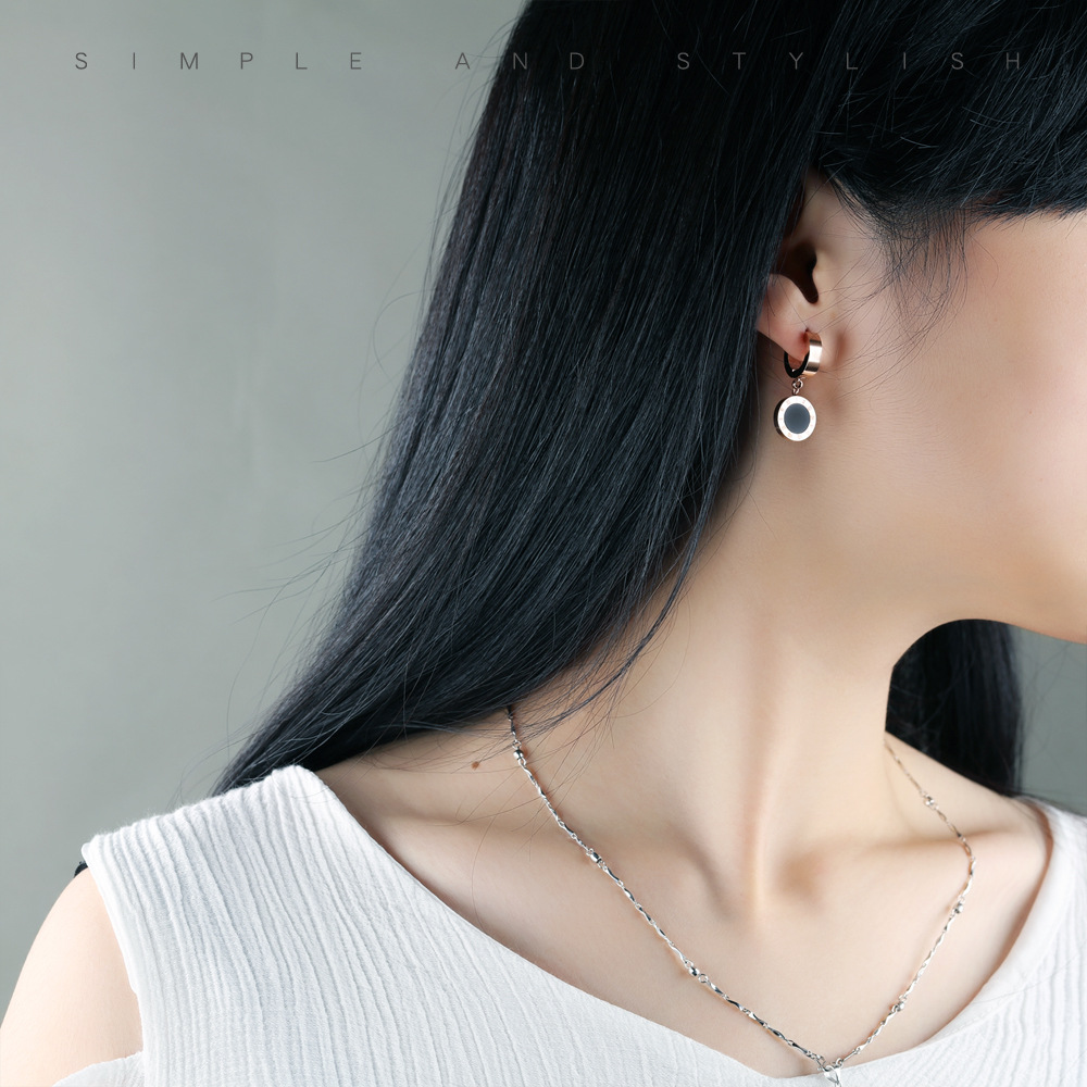Black Rome Digital Simple Round Cake Earring Titanium Steel Fashion Rose gold Earrings