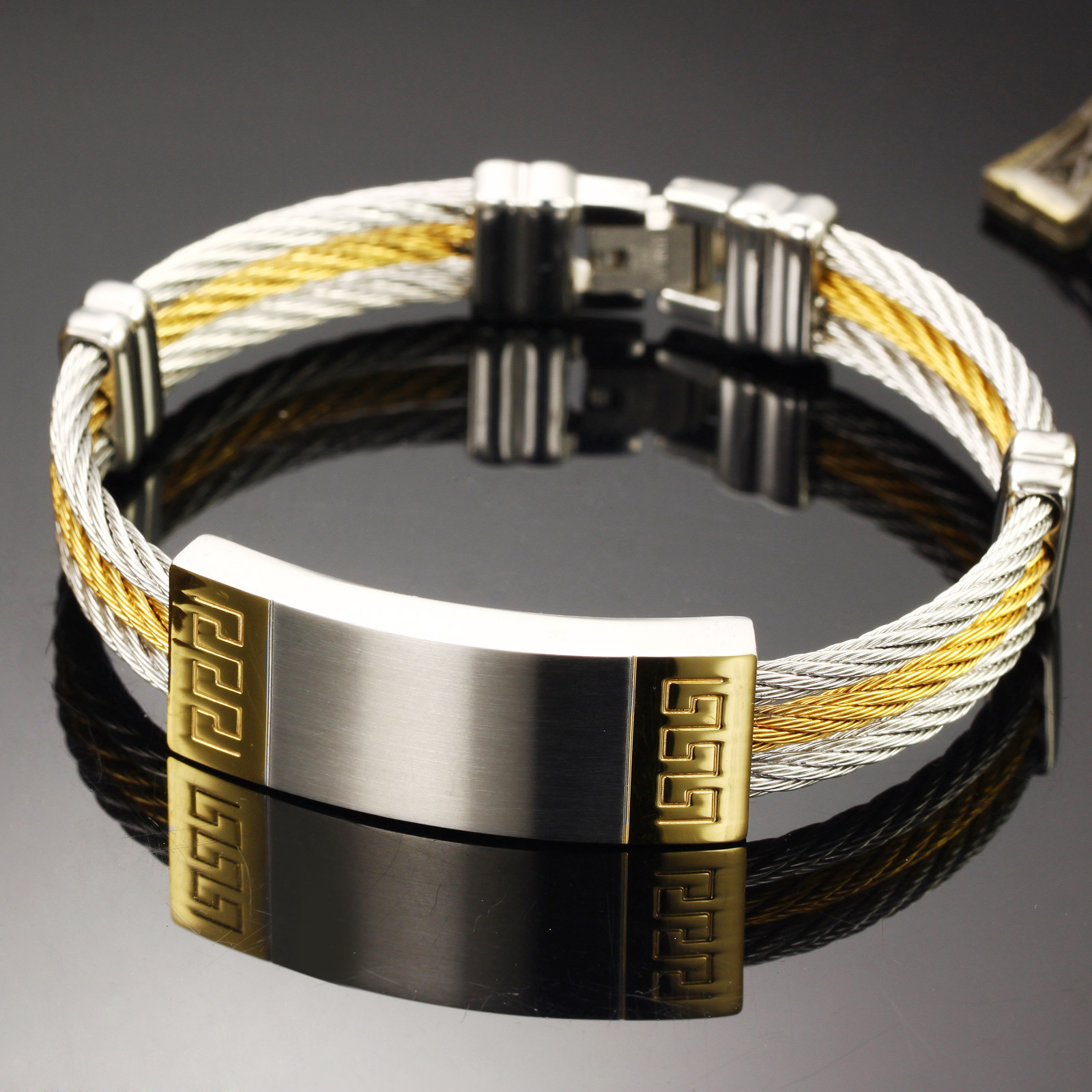 Fashion Wire Weave Hemp Rope Wristband Smooth Wrinkle Stainless Steel Men Bracelet