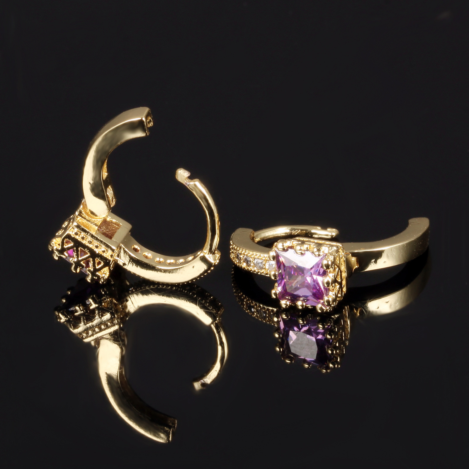 fashion Square Micro inlay Zircon Ms Earrings plating 18K gold Purple diamond earring