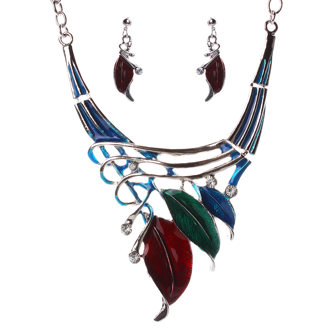 Western Style Fashion Classic Leaves Modeling Color Dripping oil Diamond Necklace Earring