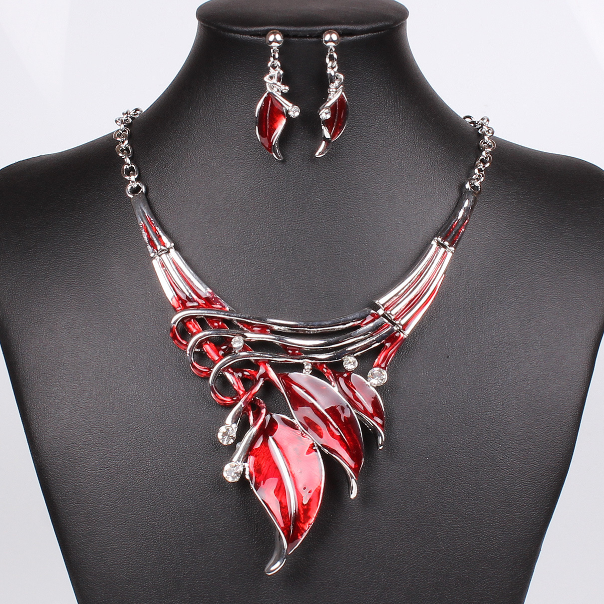 Western Style Fashion Classic Leaves Modeling Color Dripping oil Diamond Necklace Earring