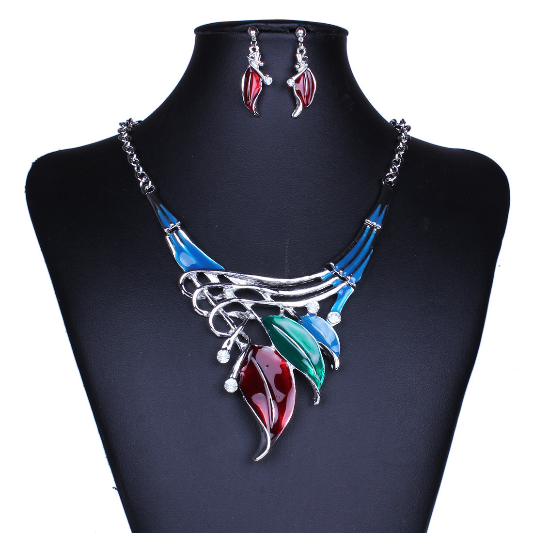 Western Style Fashion Classic Leaves Modeling Color Dripping oil Diamond Necklace Earring