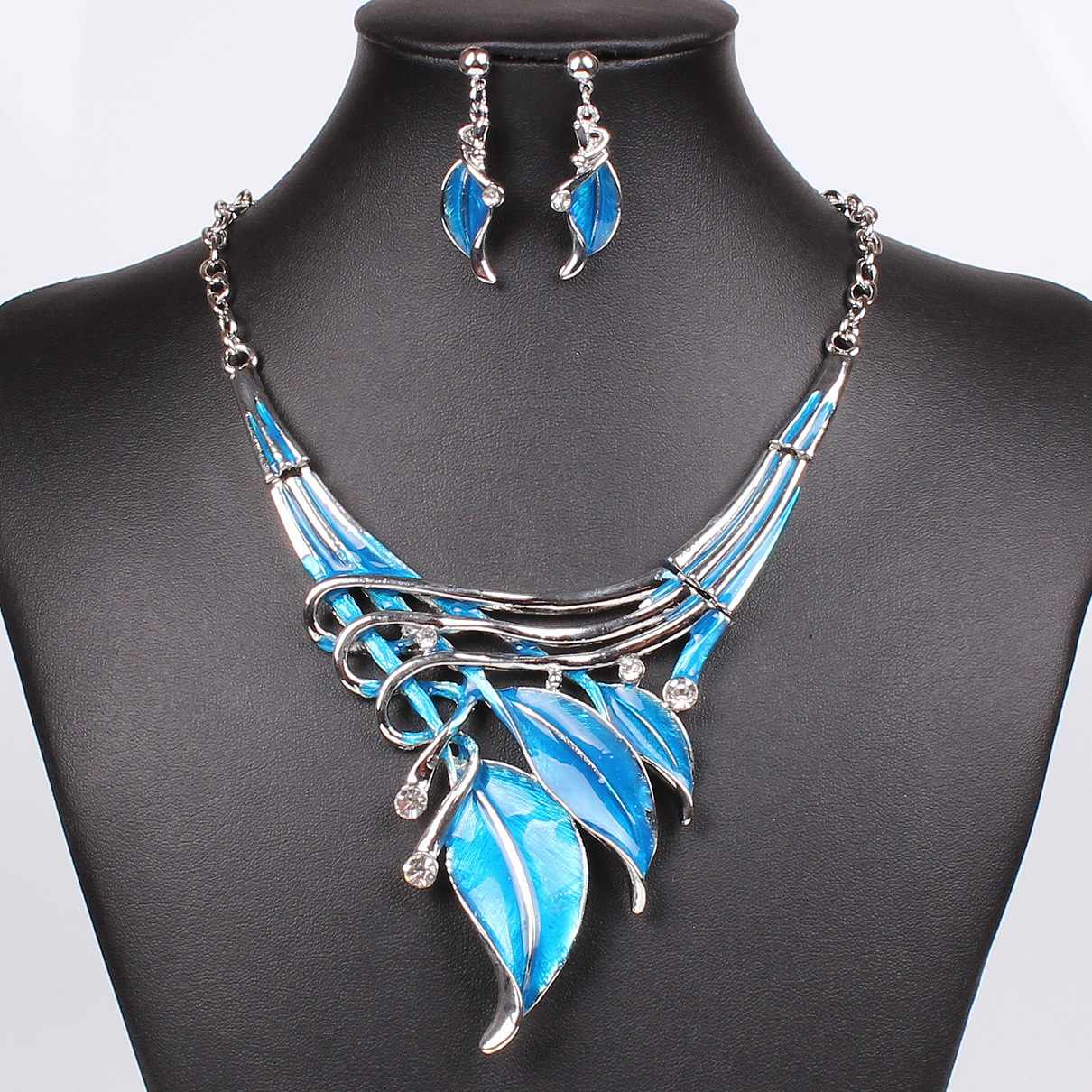 Western Style Fashion Classic Leaves Modeling Color Dripping oil Diamond Necklace Earring
