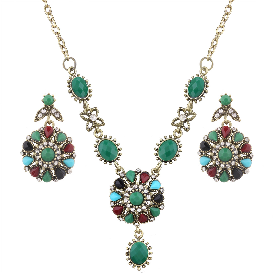 Western Style Accessories Fashion Retro Geometry Round Resin Diamond Necklace Earring
