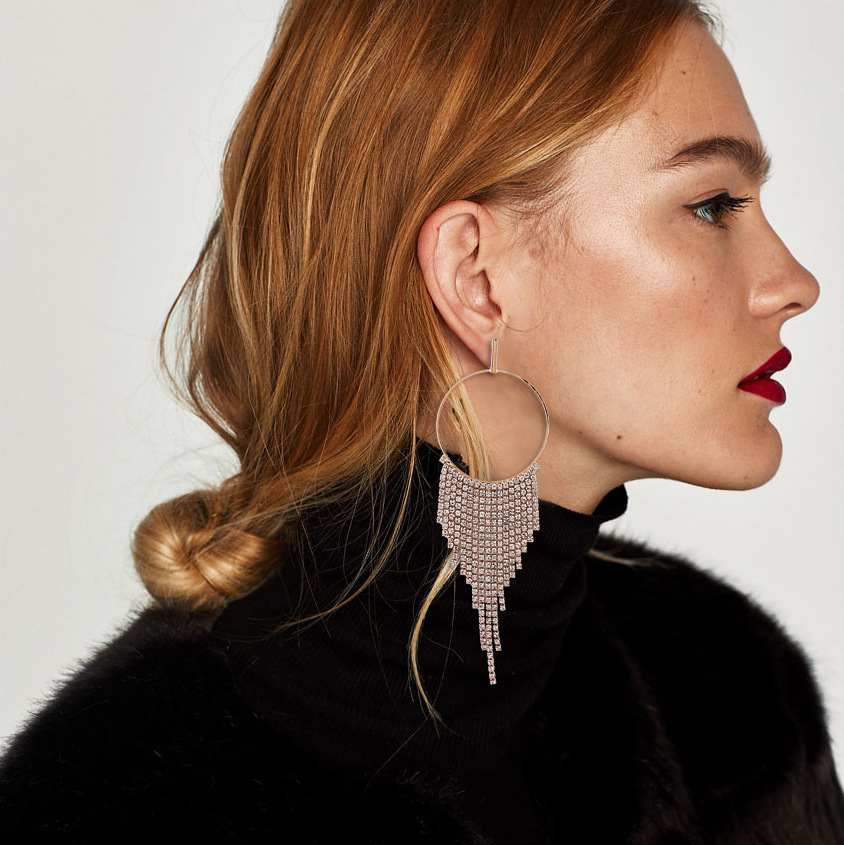 Western Style High End luxurious Diamond Earrings Personality Full Diamond Tassel Wild Earring