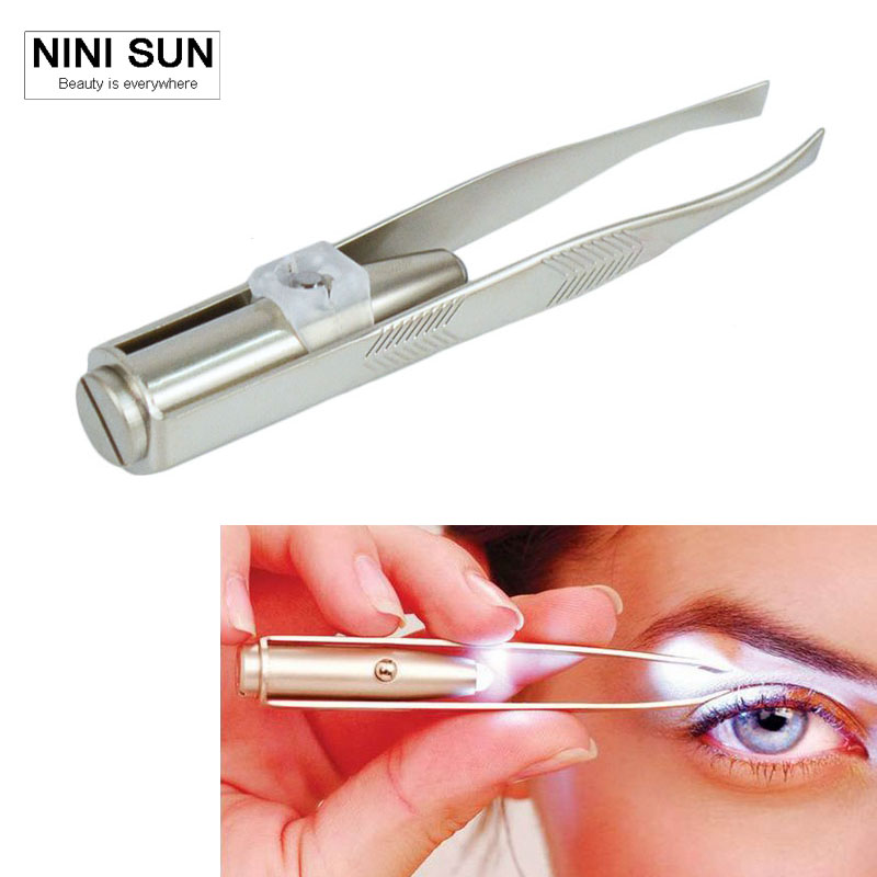 Women beauty tools Professional Stainless Steel LED Light Eyebrow Tweezers Plier Clip Make Up Tool