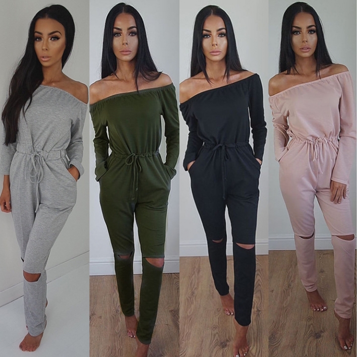 Ms Solid Color A Word Collar Tube top Strapless Long Sleeves Sexy Even clothing Trousers